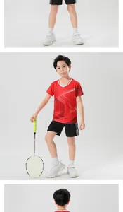 Junior red sports jersey for badminton and tennis with abstract graphic patterns