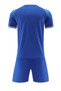 Back view of a royal blue soccer uniform set featuring textured shoulder patterns.