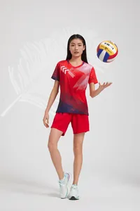 Women's red athletic jersey set for volleyball and badminton matches with shorts.