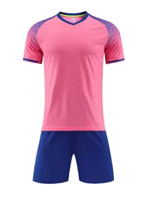 Professional pink and blue football training kit with V-neck jersey and matching shorts