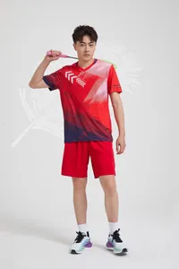 Pro men's badminton shirt in red and navy gradient with V-neck sports design