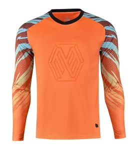 Front view of orange goalkeeper jersey with patterned sleeves and embossed chest logo.