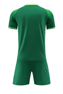 Back view of a vibrant green soccer jersey and shorts set featuring breathable mesh fabric.