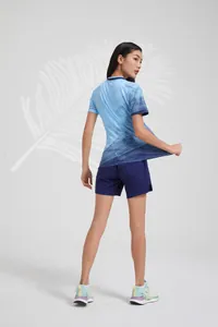 Back view detail of a breathable blue gradient badminton sports jersey and matching shorts