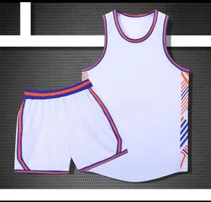 Close-up of a white American basketball jersey set with blue and orange patterns