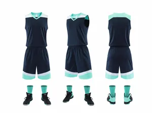 Detaillierte Ansicht des dunkelblauen Basketball-Trikot-Sets mit mintgrünen Streifenakzenten