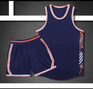 Navy blue sleeveless basketball jersey and shorts set with orange and white geometric accents