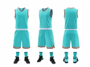 Three-angle view of a lake blue basketball jersey set with sports shorts and socks