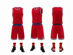 Men's red basketball uniform set featuring jersey and shorts shown from three angles