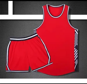 Red blank American basketball uniform set with striped trim for training and competition