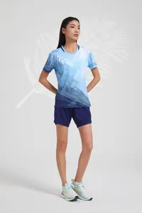 Full view of blue professional badminton sports jersey and shorts set for female