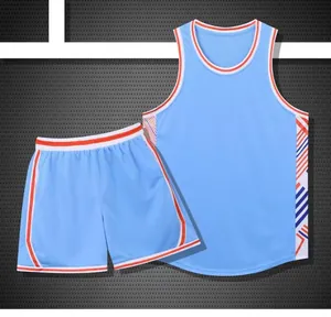 Macro view of breathable light blue basketball jersey and shorts with side stripes