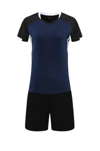 Detailed view of quick-drying navy and black women's volleyball set with V-neck top