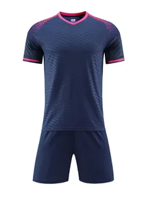 Front view of navy blue soccer training uniform set with pink accents and chevron pattern
