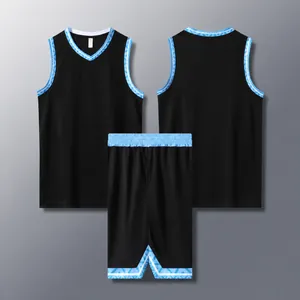 Detailed view of black basketball uniform set featuring light blue geometric pattern trim