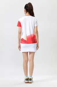 Professional women's white athletic t-shirt featuring red geometric print back view for sports