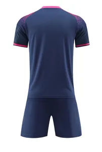 Detailed back view of a navy blue athletic soccer uniform set with pink sleeve patterns