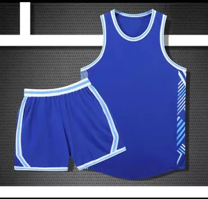 Blue mesh basketball jersey and shorts set with striped trim detail