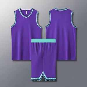 Detailed macro view of purple mesh basketball jersey and shorts with geometric trims.