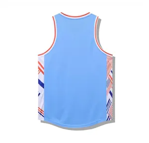 Back view of professional light blue mesh basketball jersey with geometric patterns