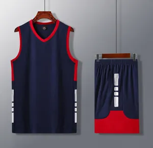 Royal blue basketball jersey set with red and white accents, style 215 sports uniform