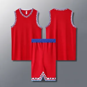 Breathable red basketball jersey set with blue waistband and tribal patterns on trim