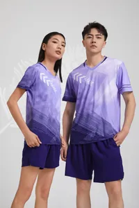Purple gradient badminton jersey set with geometric patterns for men and women.