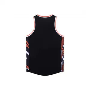 Professional back view of black American basketball jersey with orange side patterns
