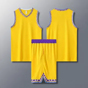 Bright yellow basketball jersey set with purple geometric trim for men's sports training