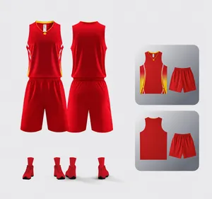 Red basketball jersey set with yellow accents, model LJ-1931 for students.