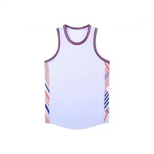 Close-up detail of white basketball jersey featuring orange and blue striped trim