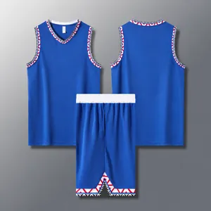Full view of royal blue basketball uniform set with geometric patterned edge detail