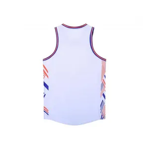 Back view of a white American basketball jersey with blue and orange side stripe patterns
