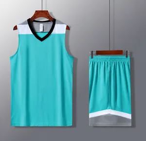 Close-up of quick-dry breathable basketball jersey and shorts set in lake blue color