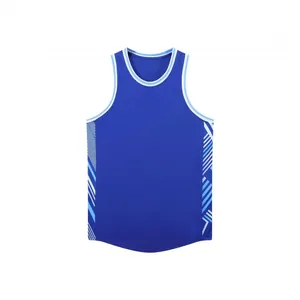 Close-up of a royal blue basketball jersey with light blue side stripes and mesh fabric