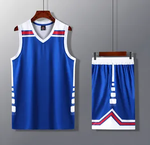 Blue basketball jersey and shorts set with sporty red and white stripe details.