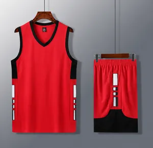 Professional red basketball jersey and shorts set featuring black V-neck and side panels