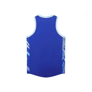 Back view of a blank blue American basketball jersey with geometric side pattern