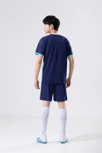 Back view of a navy blue men's sports training jersey and shorts set for athletes.