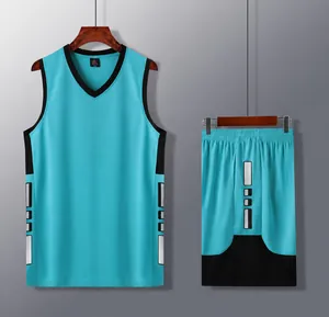 Detailed view of a lake blue basketball jersey set for training and sports competitions.