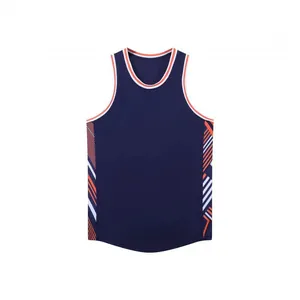 Detail view of navy American basketball jersey featuring orange and white side stripe patterns