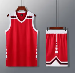 Breathable red and white basketball jersey and shorts set with sporty stripes, style 216#