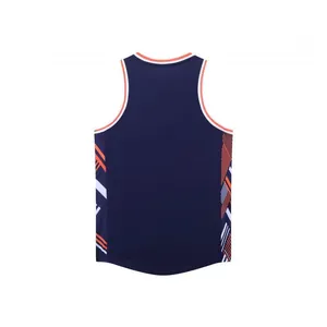 Detailed back view of a navy blue basketball jersey featuring orange and white side panels