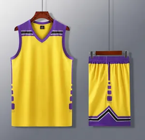 Yellow and purple basketball uniform set with jersey and shorts for summer training