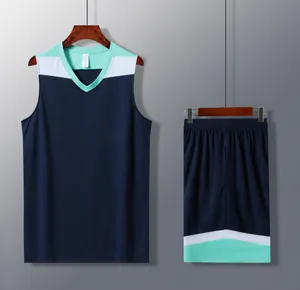 Detailansicht Basketball-Trikot-Set in Marineblau mit blau-weißem Farbblock