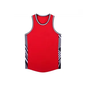 High-quality detail view of a red American style basketball jersey with striped panels