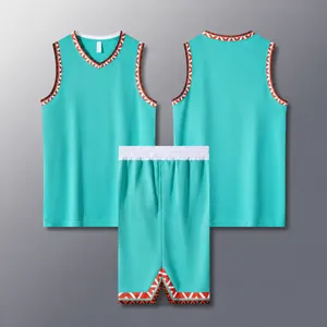 Detail of men's basketball jersey and shorts set in lake blue with patterns