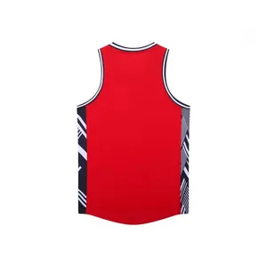 Rear view detail of a red American style basketball jersey with striped side panels