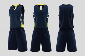 Detailed three-view display of navy blue and yellow basketball jersey and shorts set