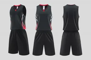 Front side and back views of a black mens basketball jersey set with red accents